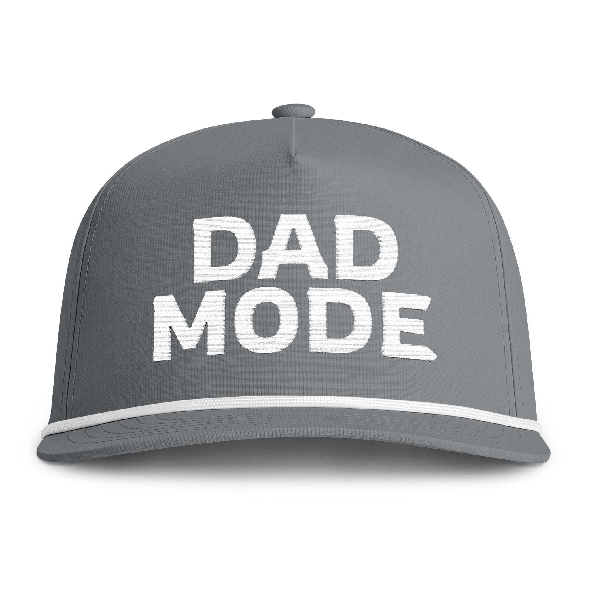Image of a grey hat with white embroidery reading "Dad Mode"