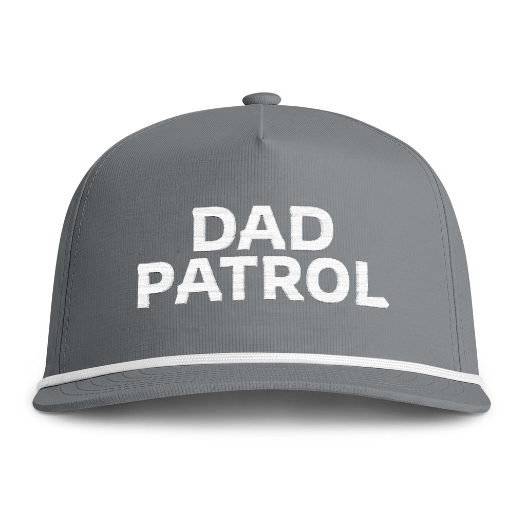 Image of a grey hat with white embroidery reading "Dad Patrol"