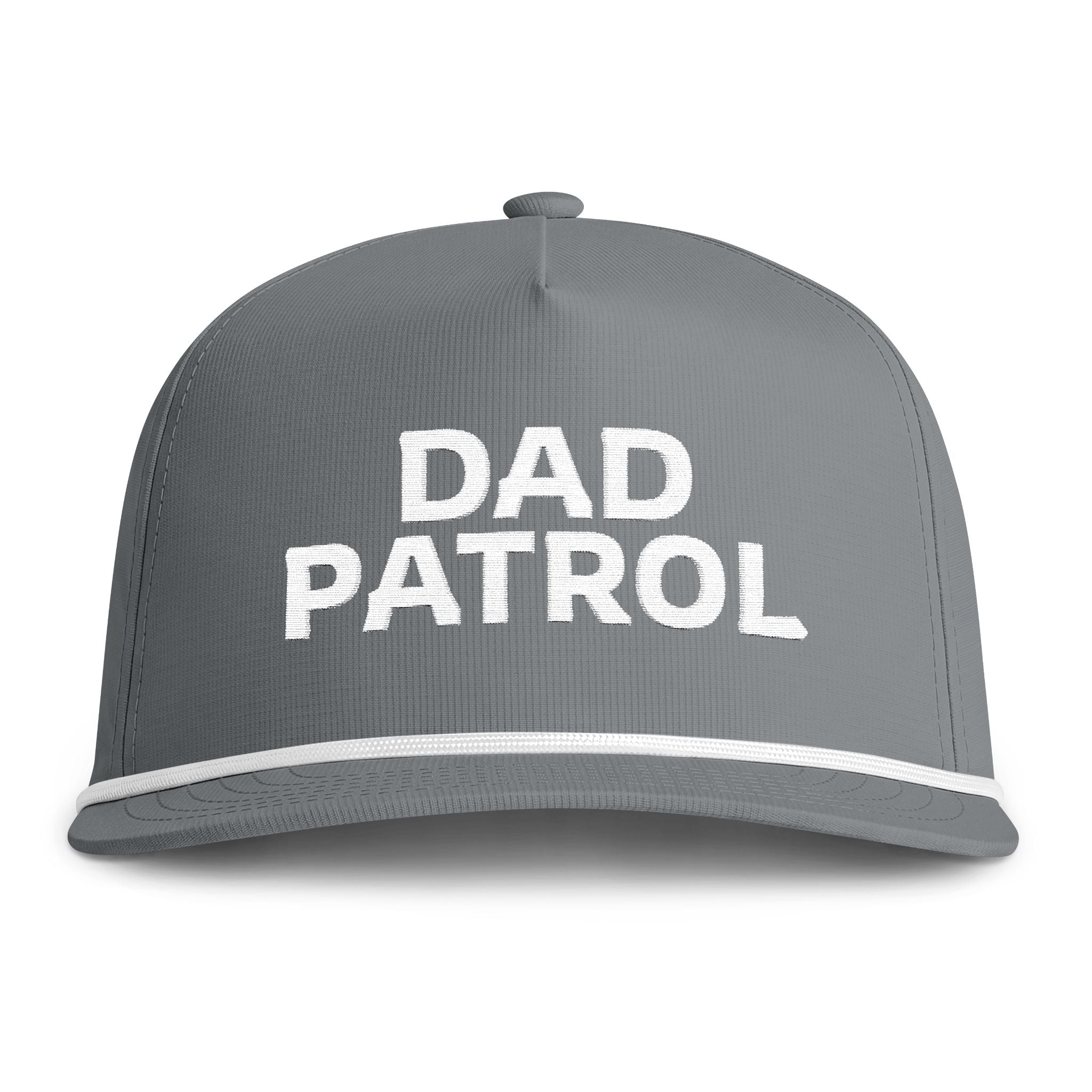 Image of a grey hat with white embroidery reading "Dad Patrol"