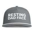 Image of a grey hat with white embroidery reading "Resting Dad Face"