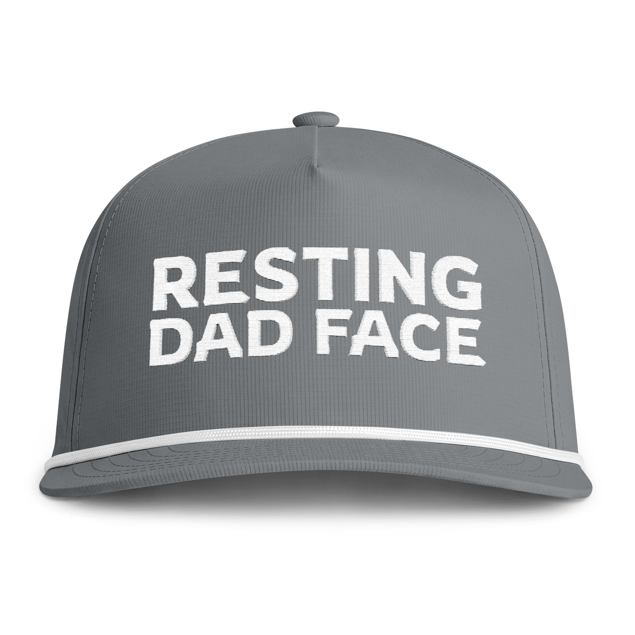Image of a grey hat with white embroidery reading "Resting Dad Face"
