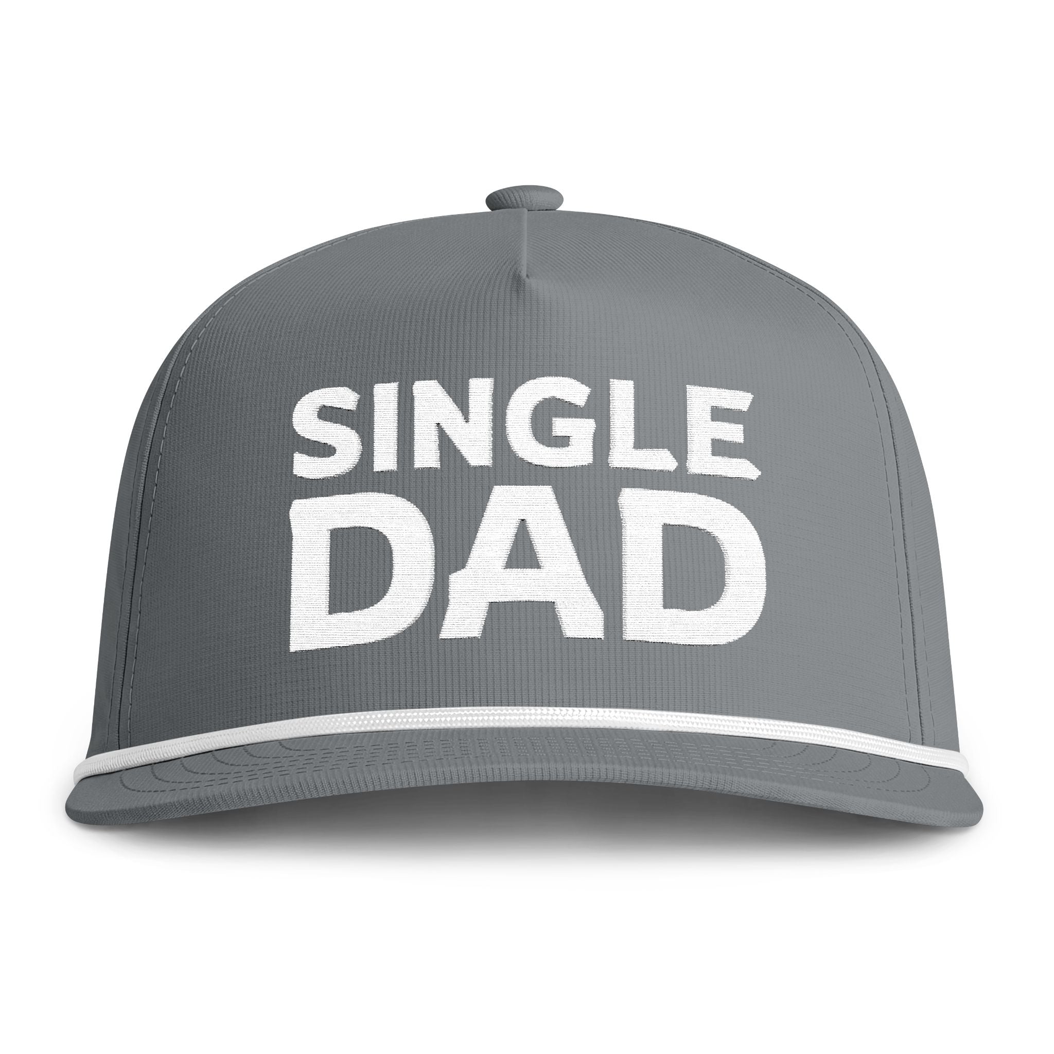 Image of a grey hat with white embroidery reading "Single Dad"