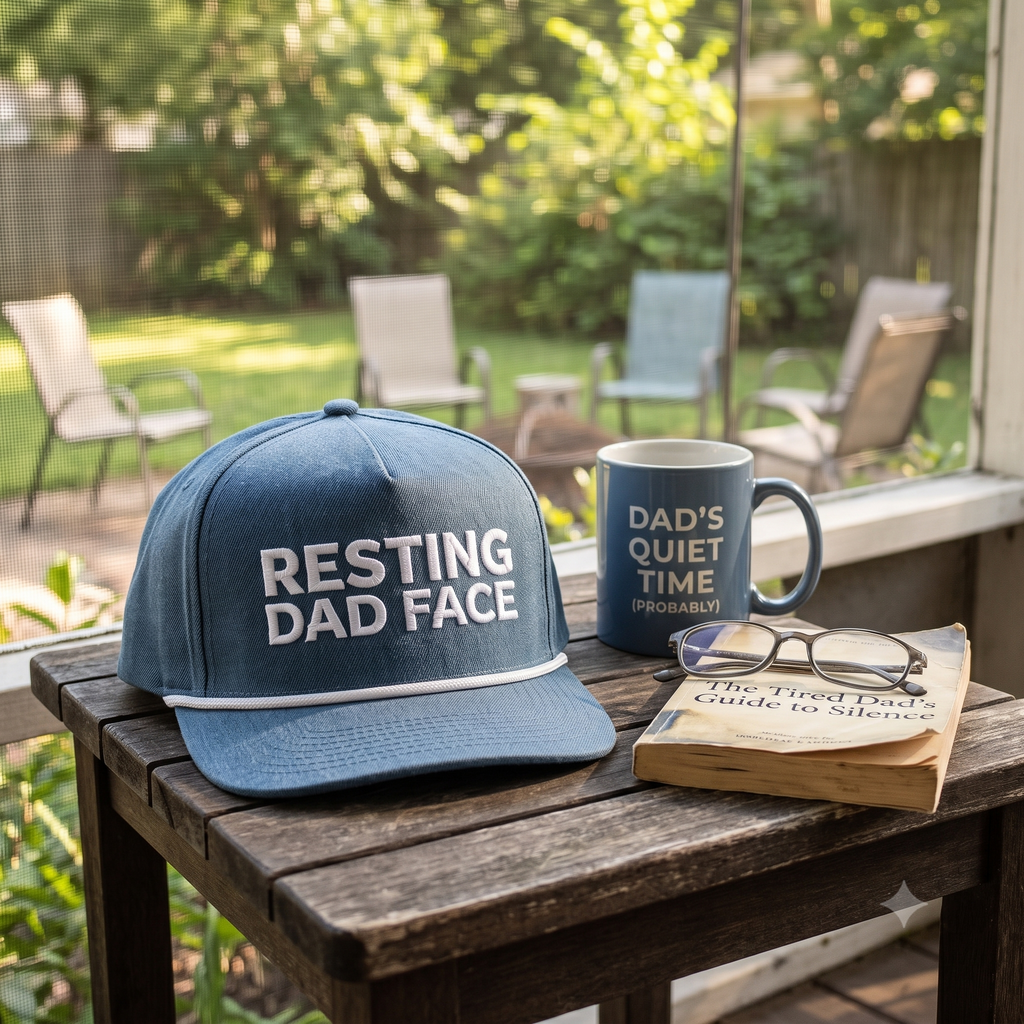 Image of an indigo cap on a table with "Resting Dad Face" embroidery 