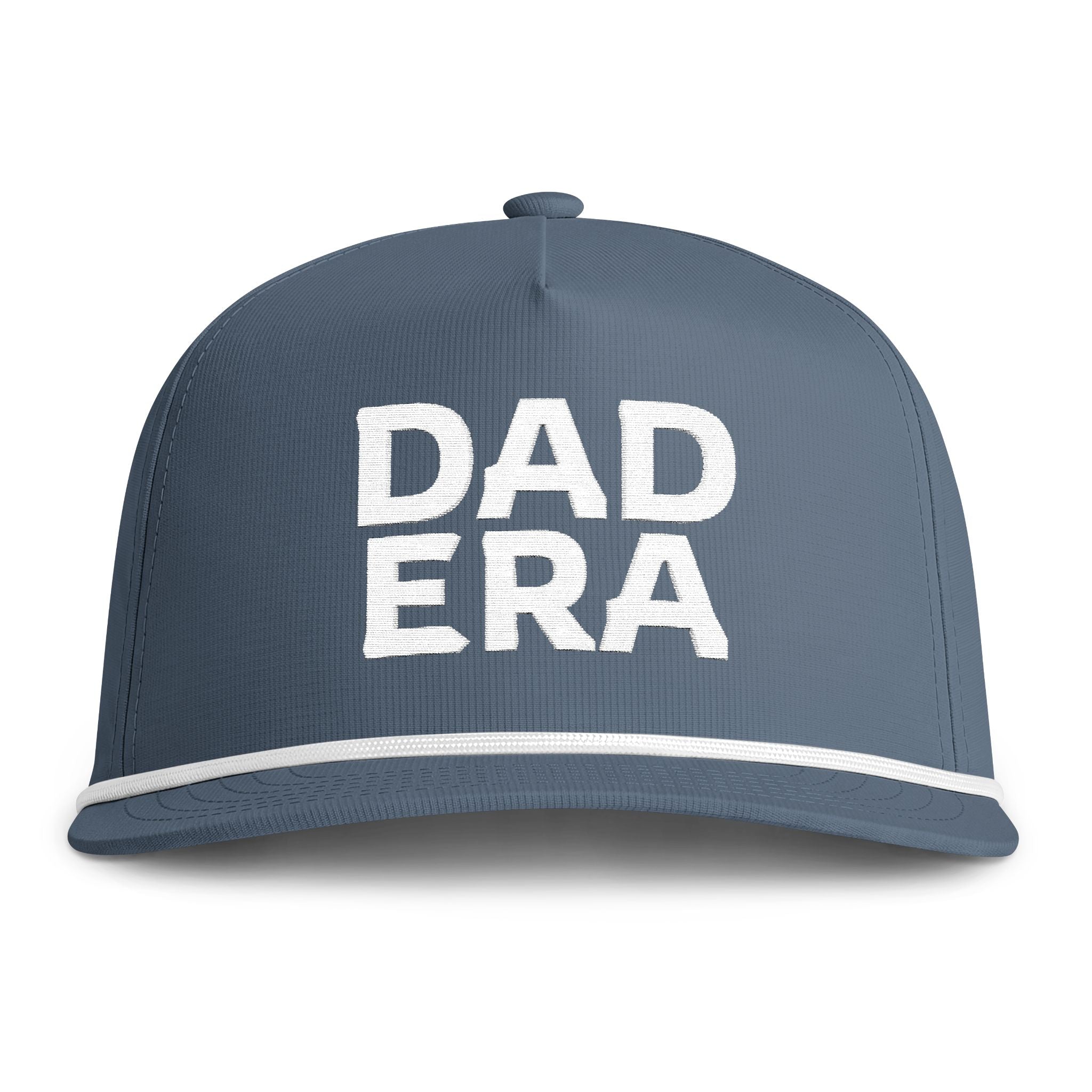 Image of an indigo hat with white embroidery reading "Dad Era"