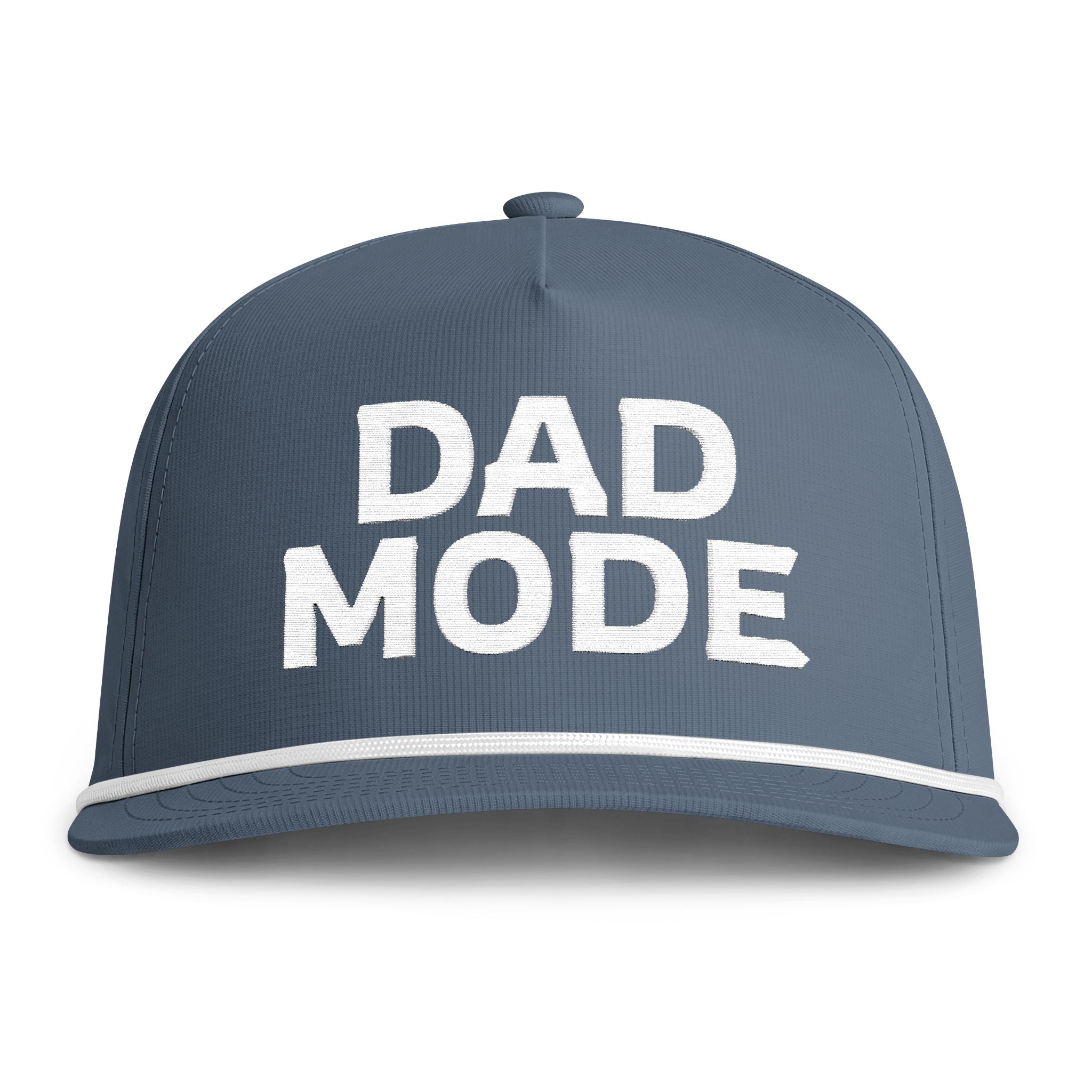 Image of an indigo hat with white embroidery reading "Dad Mode"