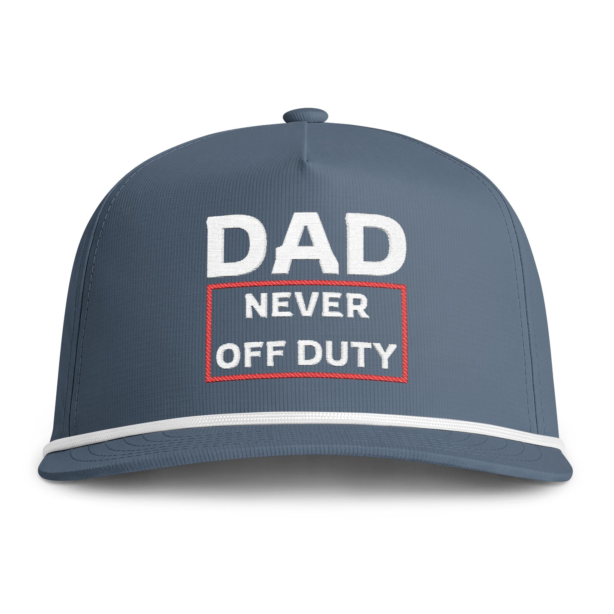 Image of an indigo hat with white embroidery reading "Dad Never Off Duty"