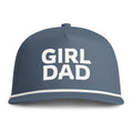 Image of an indigo hat with white embroidery reading "Girl Dad"