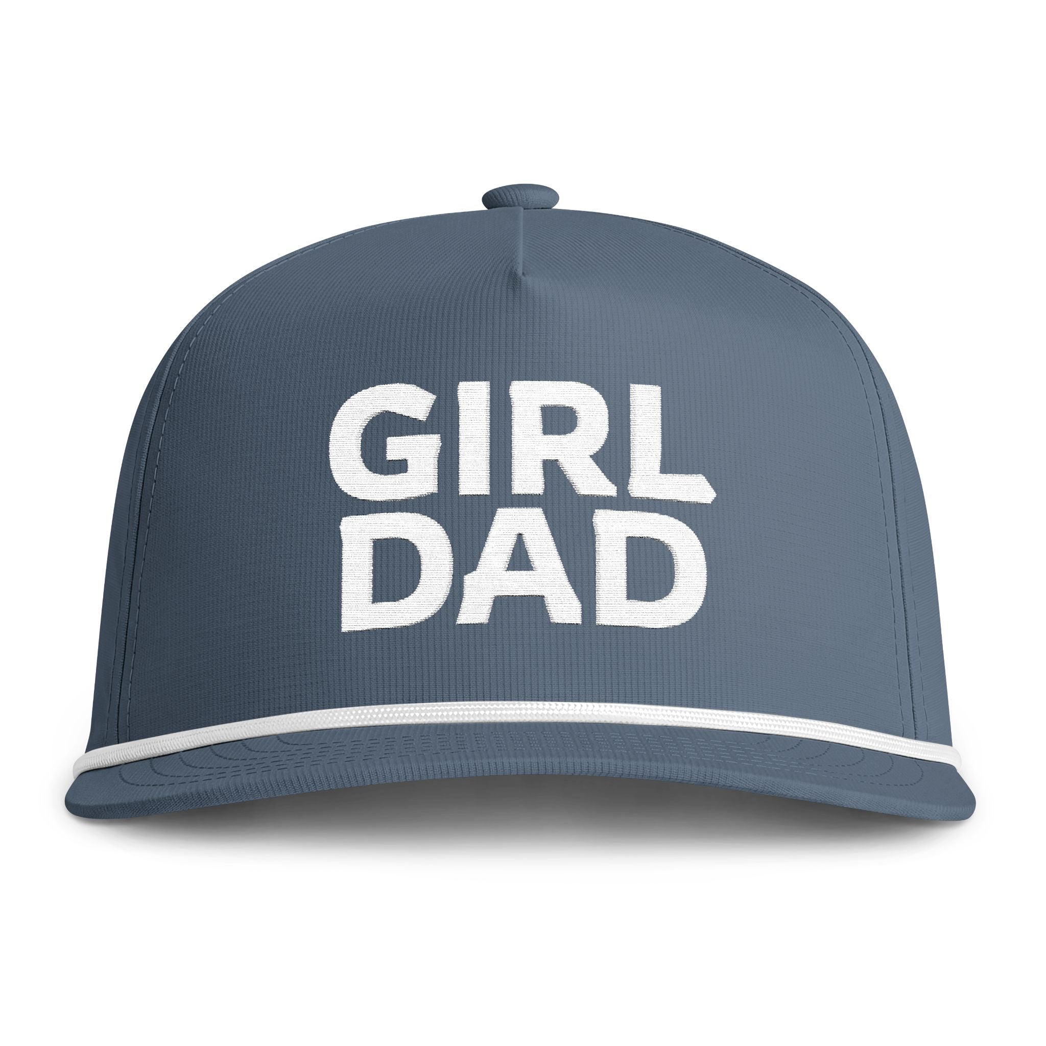 Image of an indigo hat with white embroidery reading "Girl Dad"
