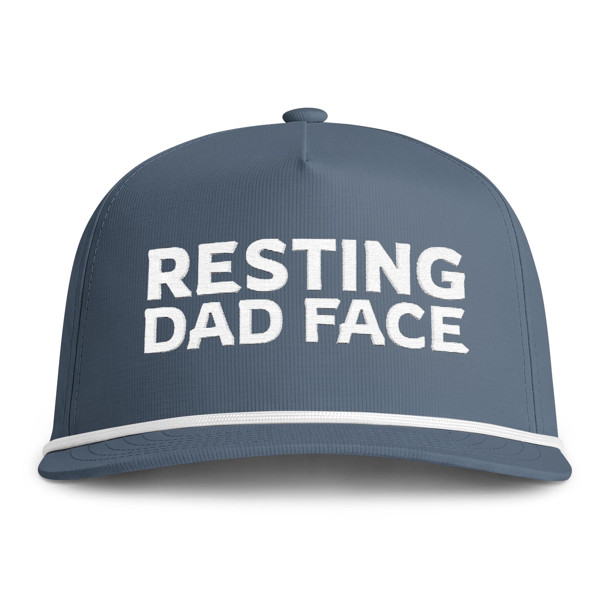 Image of an indigo hat with white embroidery reading "Resting Dad Face"