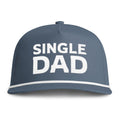 Image of an indigo hat with white embroidery reading "Single Dad"