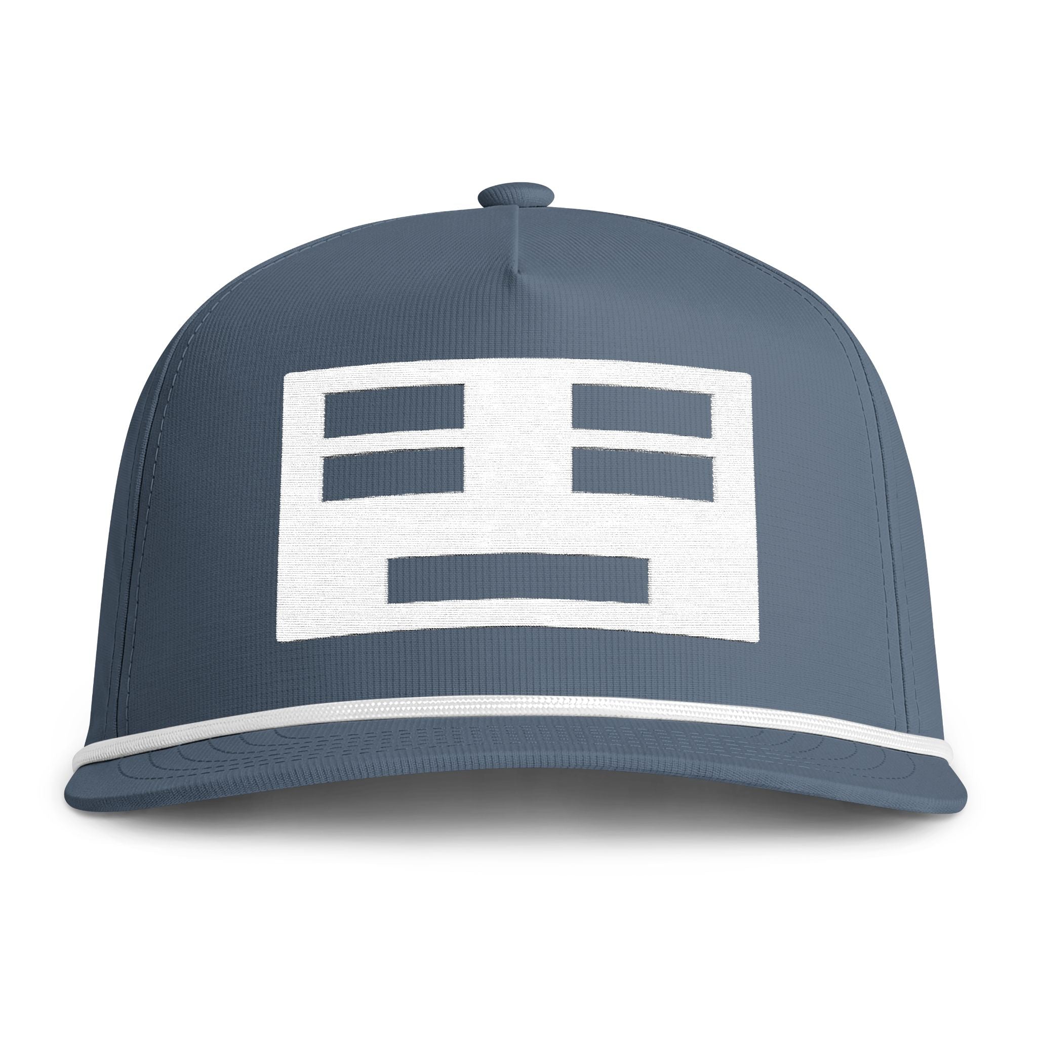 Image of an indigo hat with a white face icon embroidery
