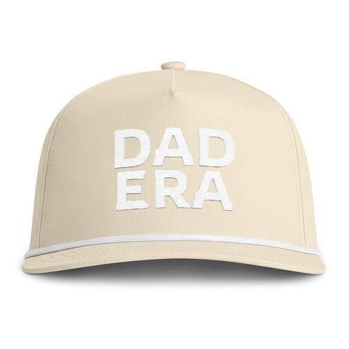 Image of an ivory hat with white embroidery reading "Dad Era"