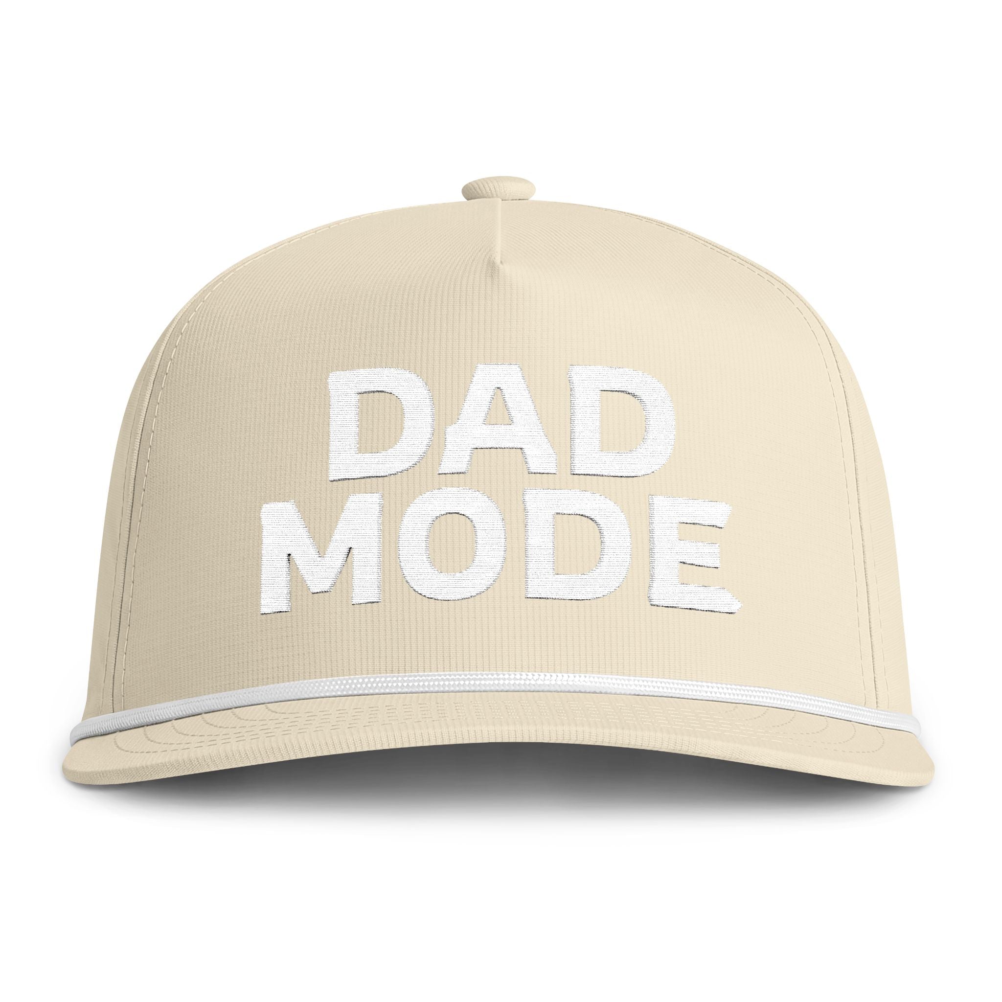 Image of an ivory hat with white embroidery reading "Dad Mode"