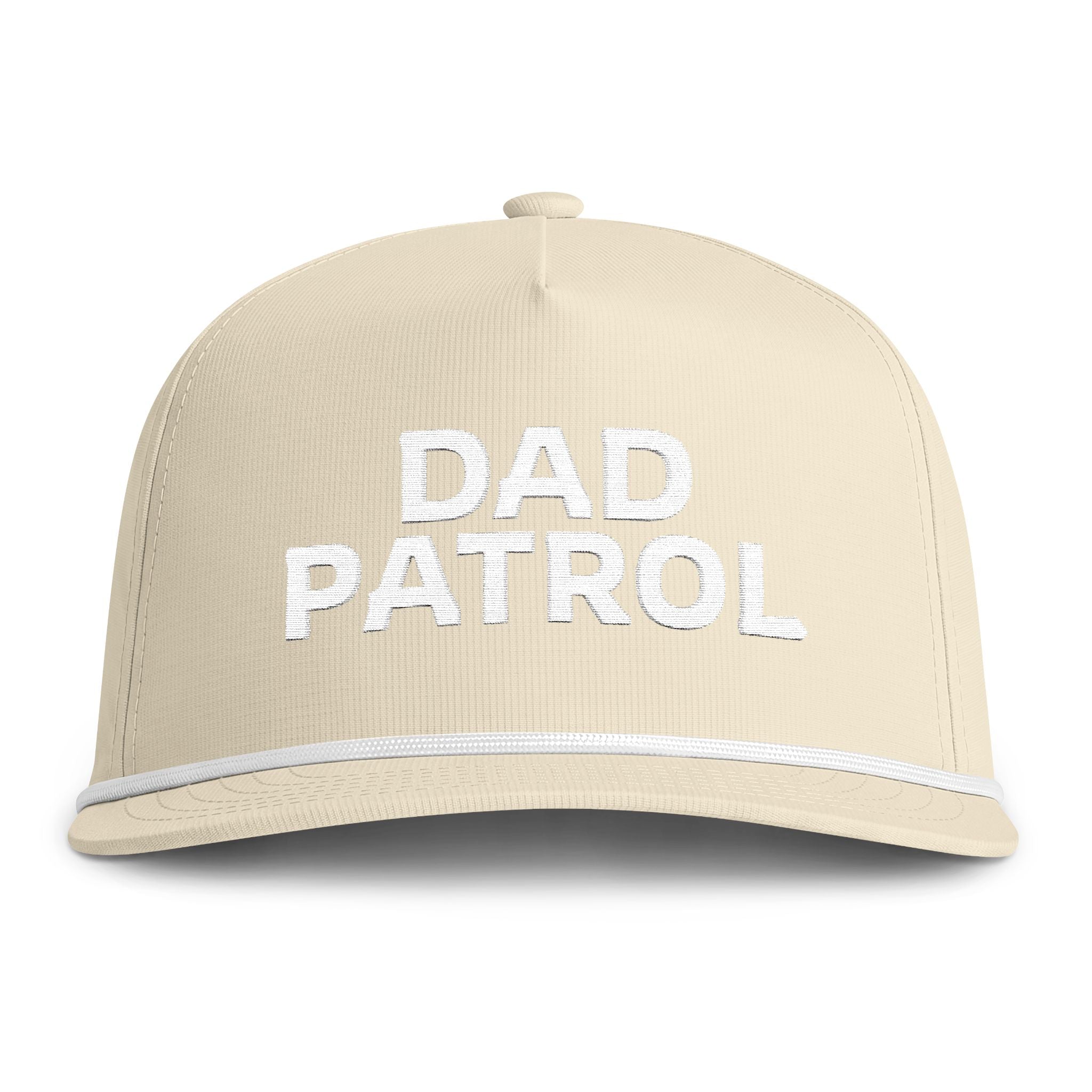 Image of an ivory hat with white embroidery reading "Dad Patrol"