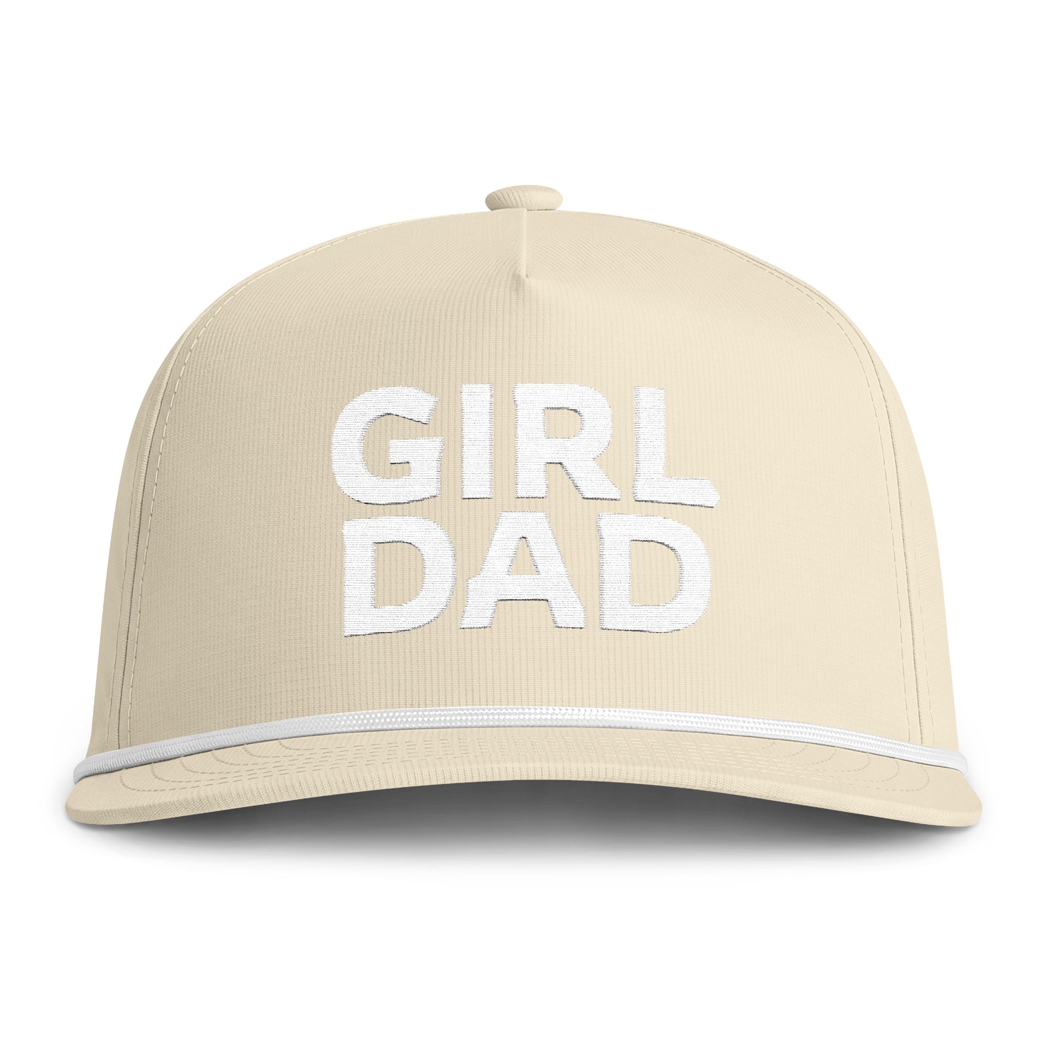 Image of an ivory hat with white embroidery reading "Girl Dad"