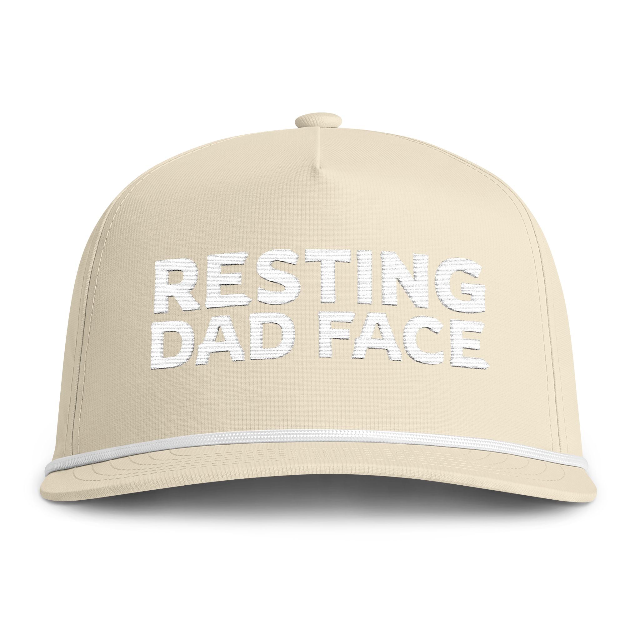 Image of an ivory hat with white embroidery reading "Resting Dad Face"