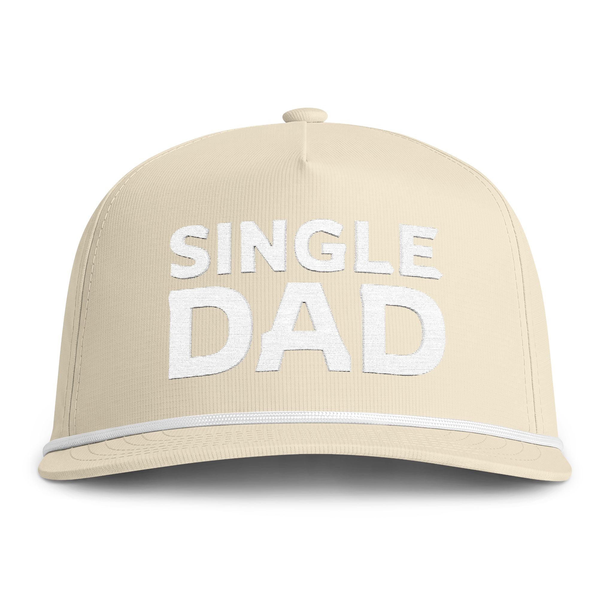 Image of an ivory hat with white embroidery reading "Single Dad"