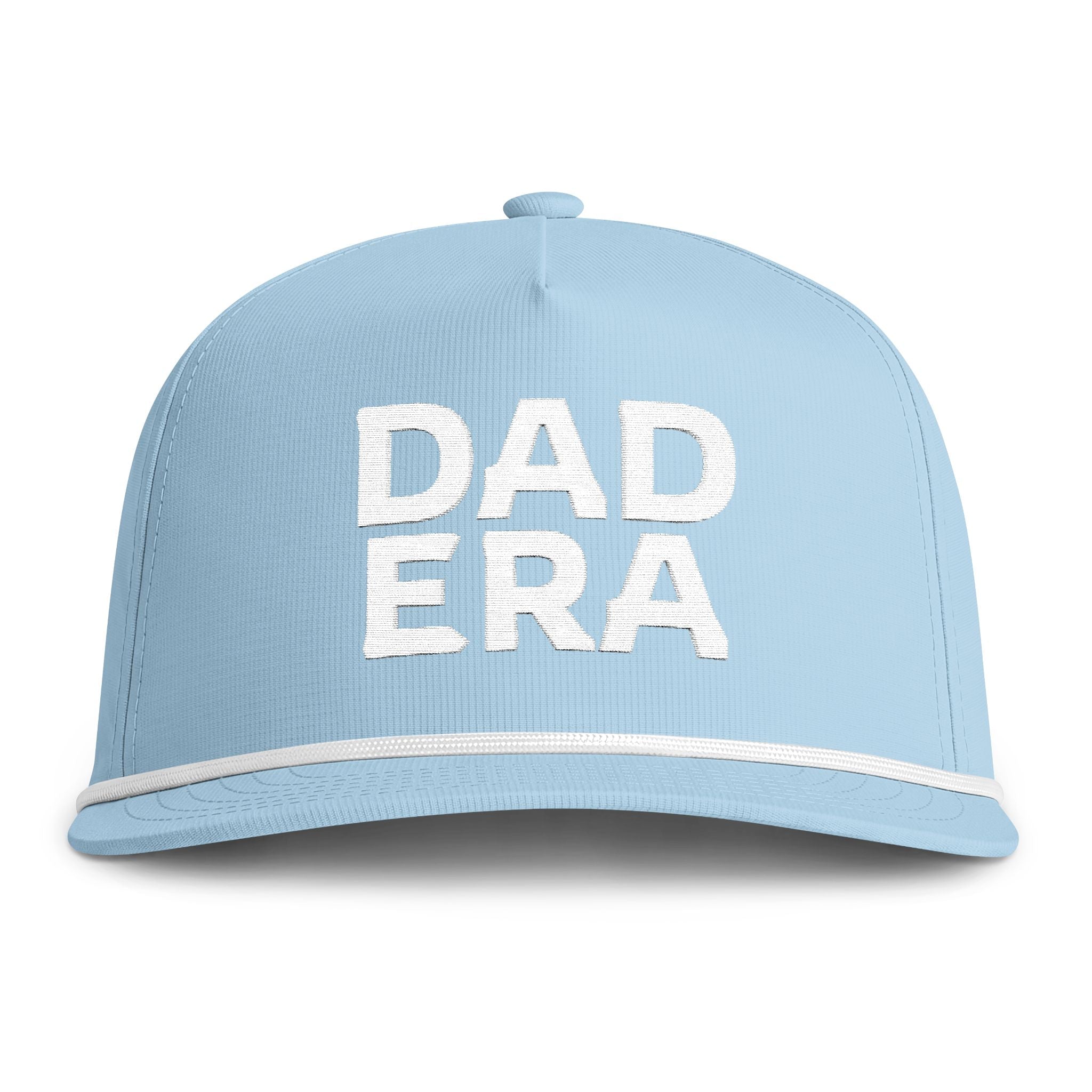 Image of a light blue hat with white embroidery reading "Dad Era"