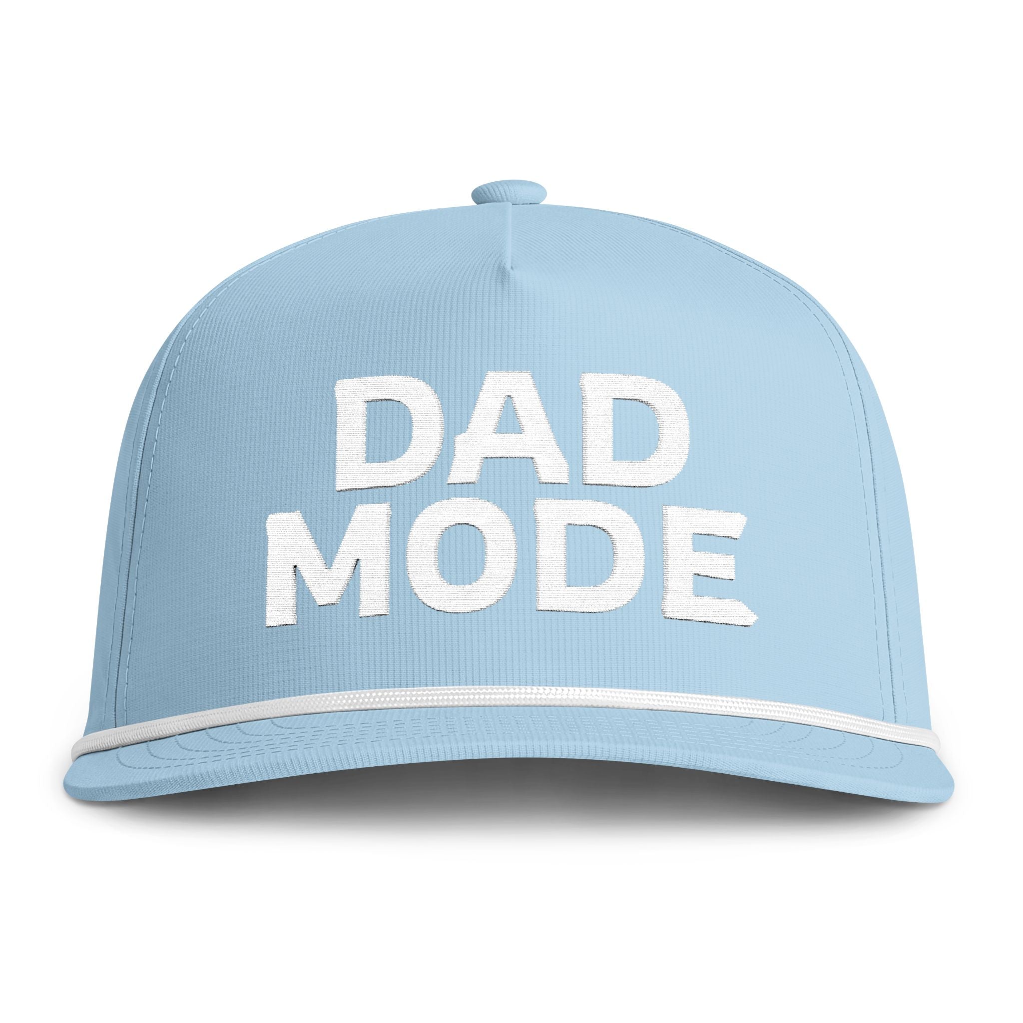 Image of a light blue hat with white embroidery reading "Dad Mode"
