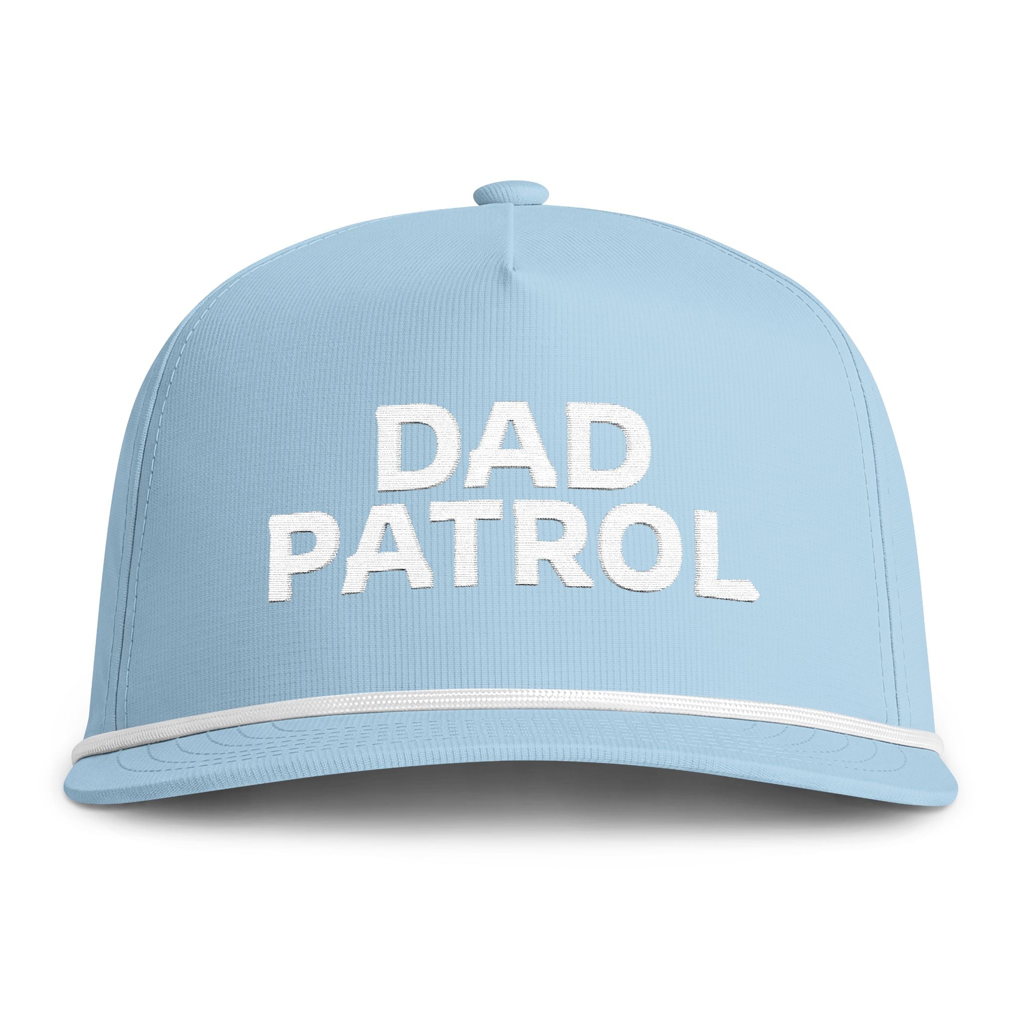 Image of a light blue hat with white embroidery reading "Dad Patrol"