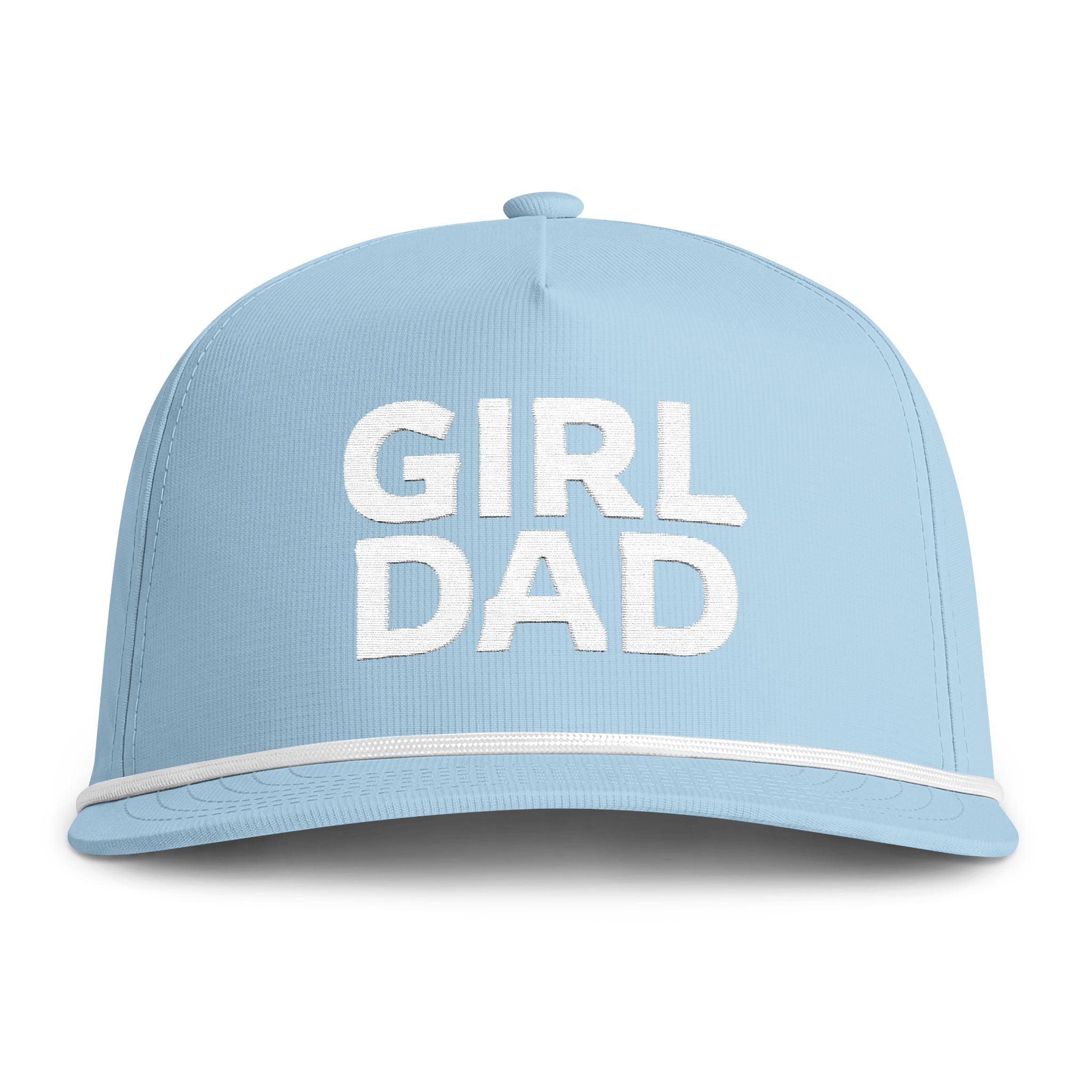 Image of a light blue hat with white embroidery reading "Girl Dad"