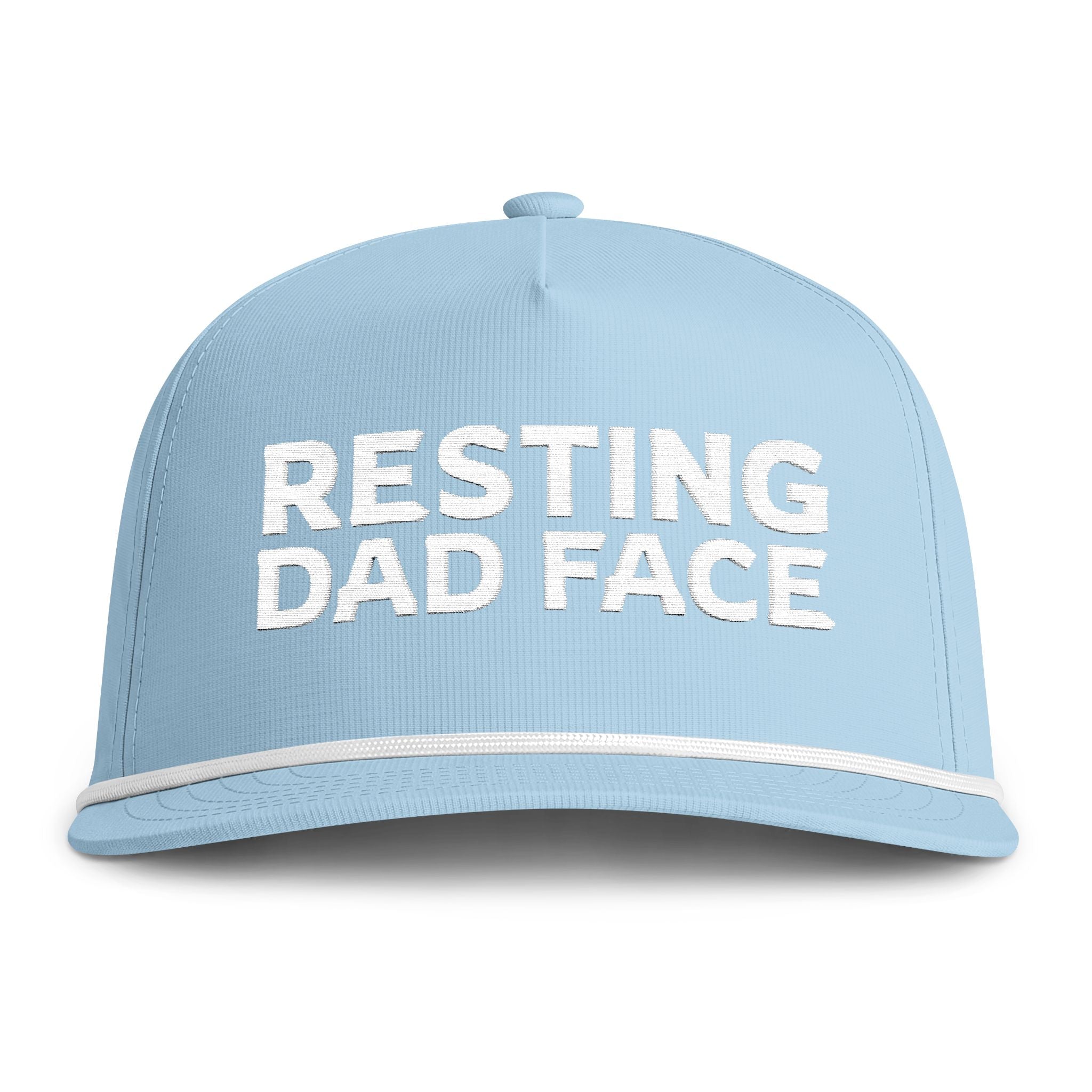 Image of a light blue hat with white embroidery reading "Resting Dad Face"