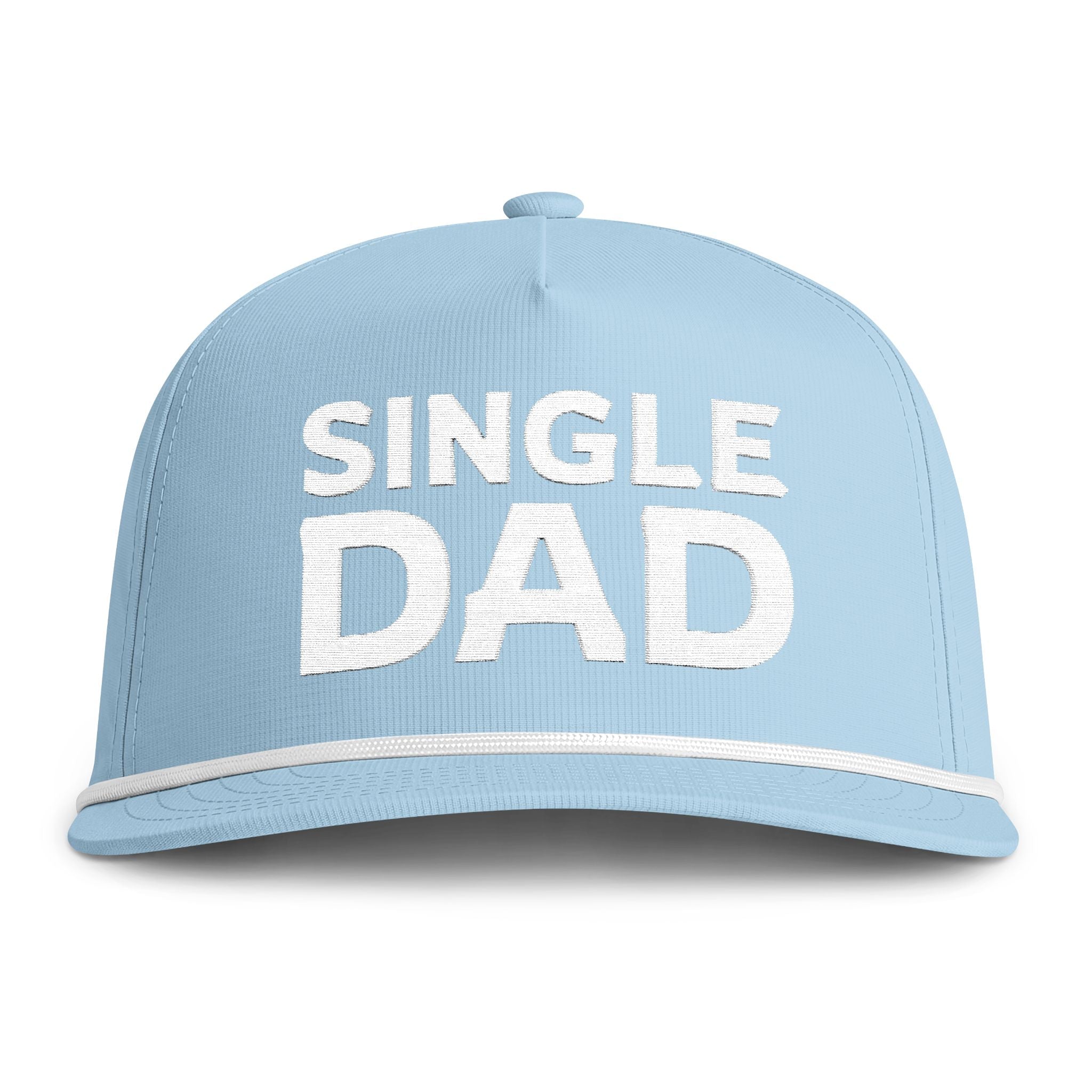 Image of a light blue hat with white embroidery reading "Single Dad"
