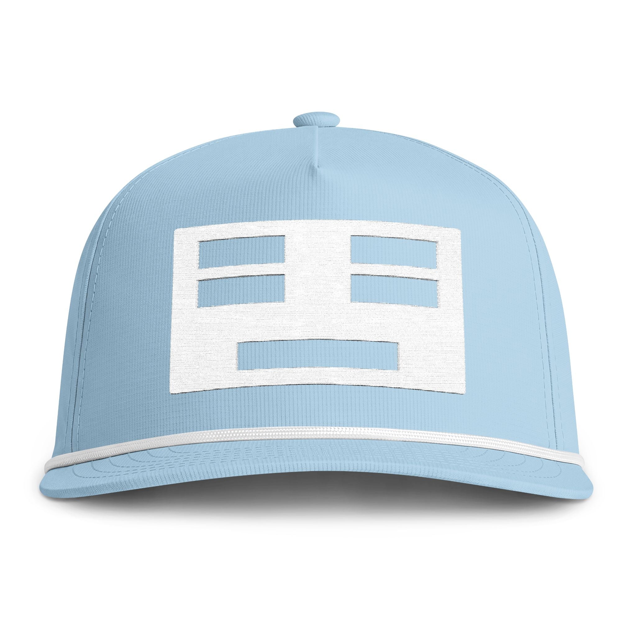 Image of a light blue hat with a white face icon embroidery
