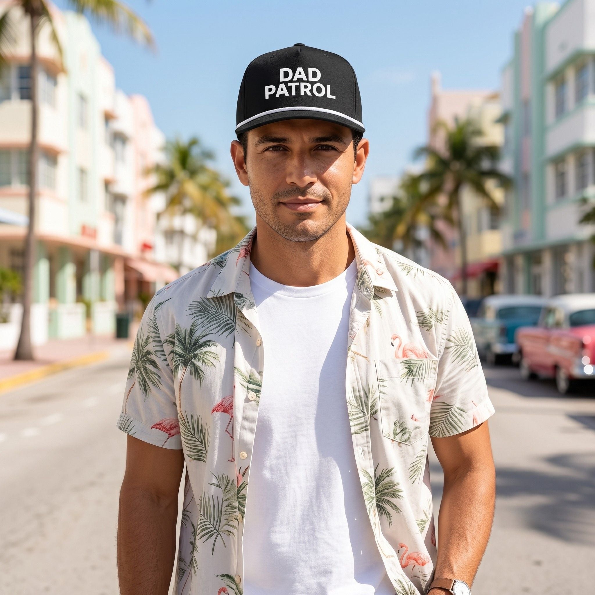 Image of a man wearing a black cap with "Dad Patrol" embroidery 