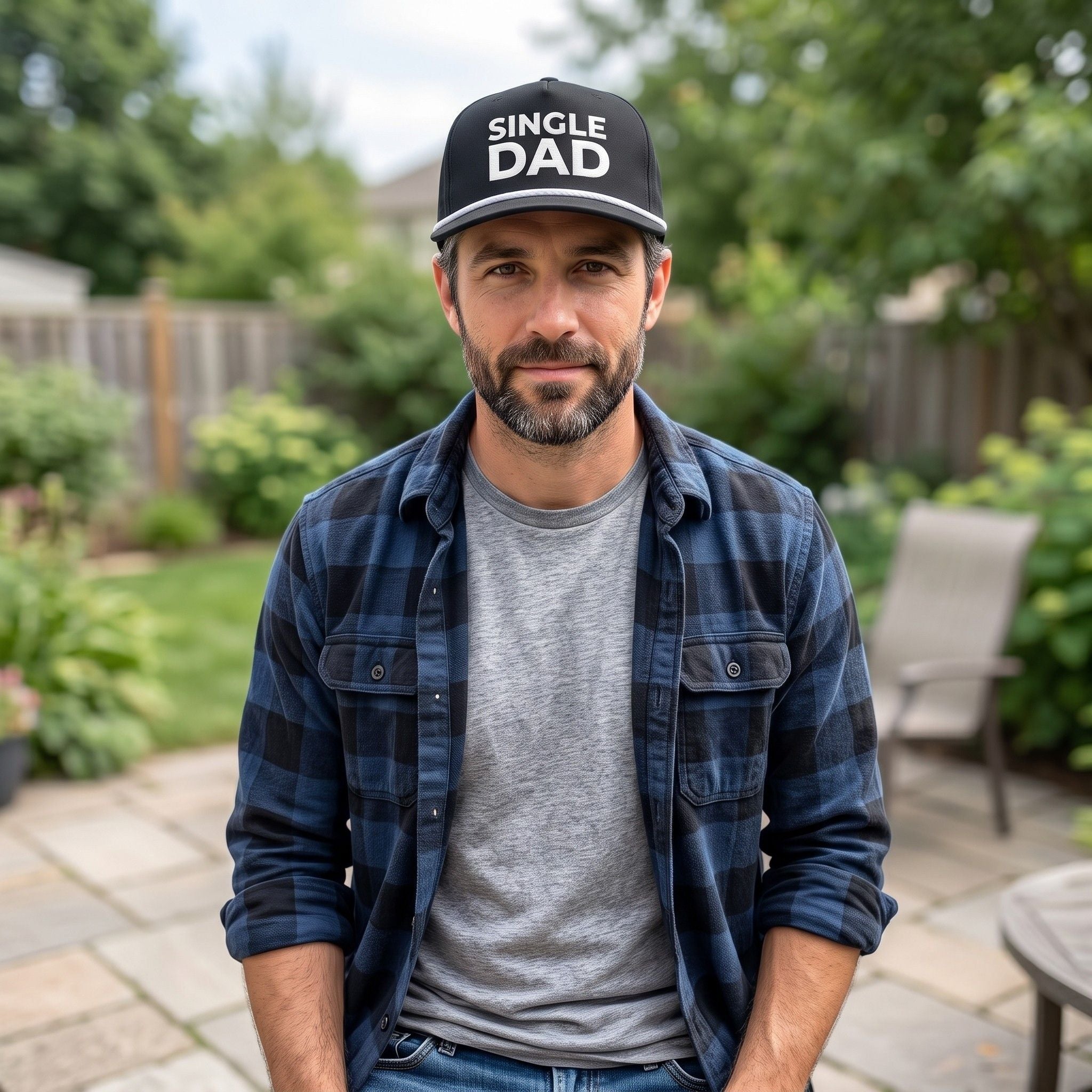 Image of a man wearing a black cap with "Single Dad" embroidery