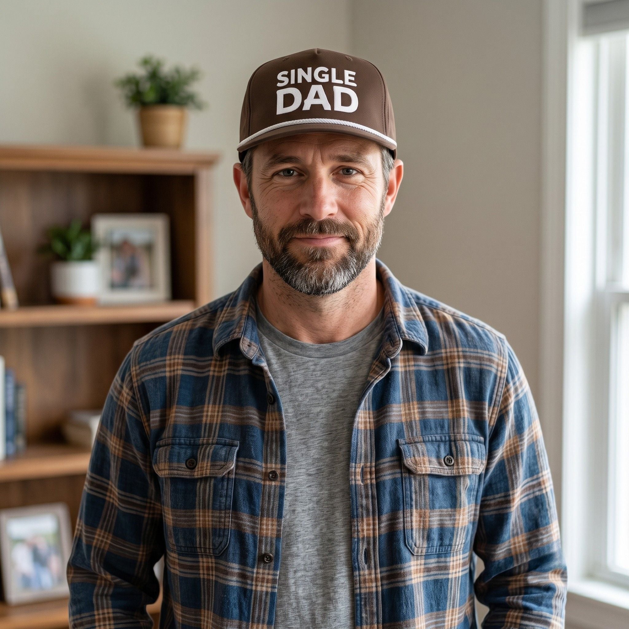 Image of a man wearing an espresso cap with "Single Dad" embroidery