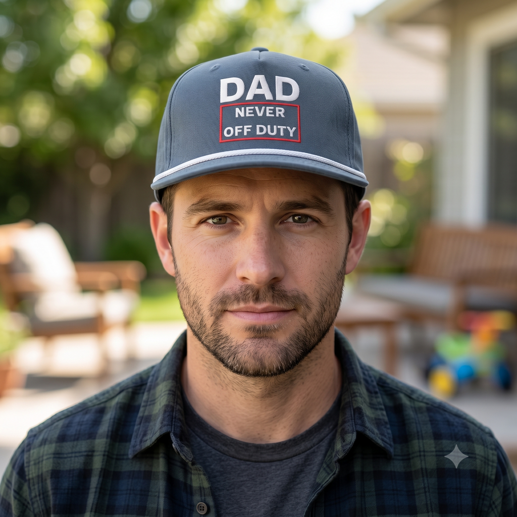 Image of a man wearing an indigo cap with "Dad Never Off Duty" embroidery 